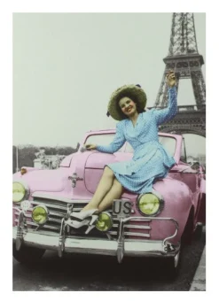 Tarjeta postal Torre Eiffel y carro rosado